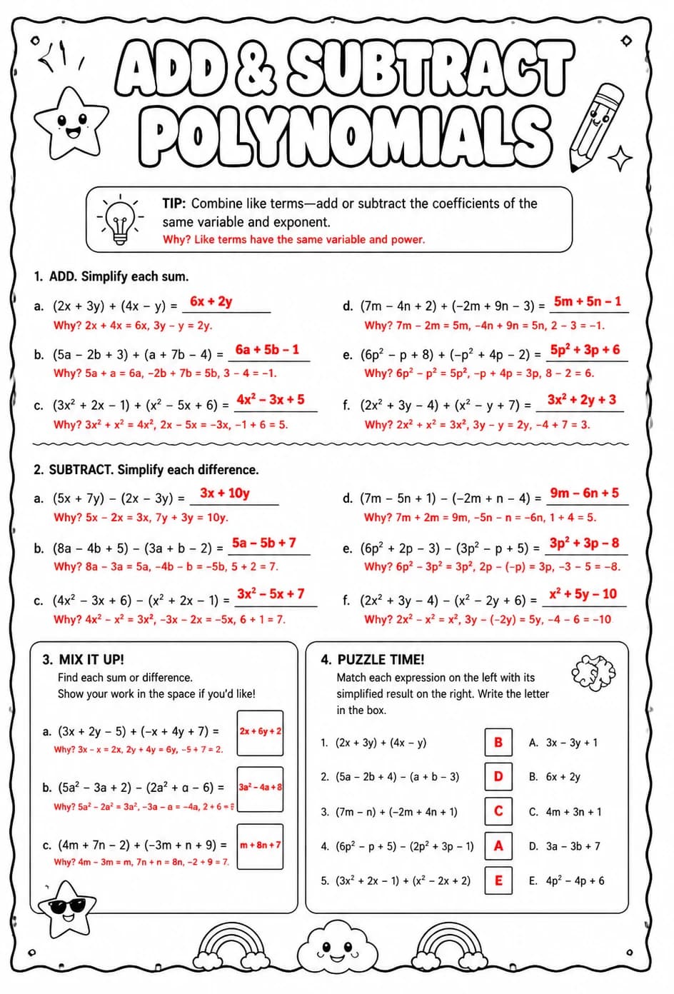 Answer key for Add and subtract polynomials — free printable Math worksheet