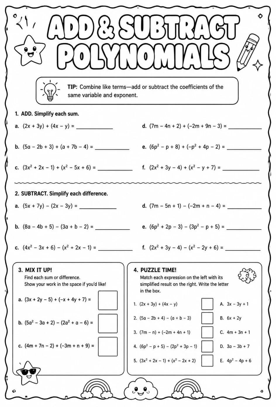 Add and subtract polynomials — free printable Algebra 1 math worksheet