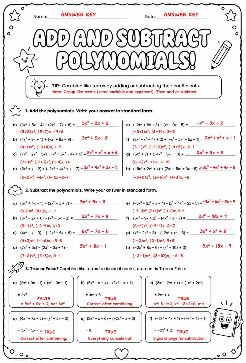 Answer key for Add and subtract polynomials — free printable Math worksheet