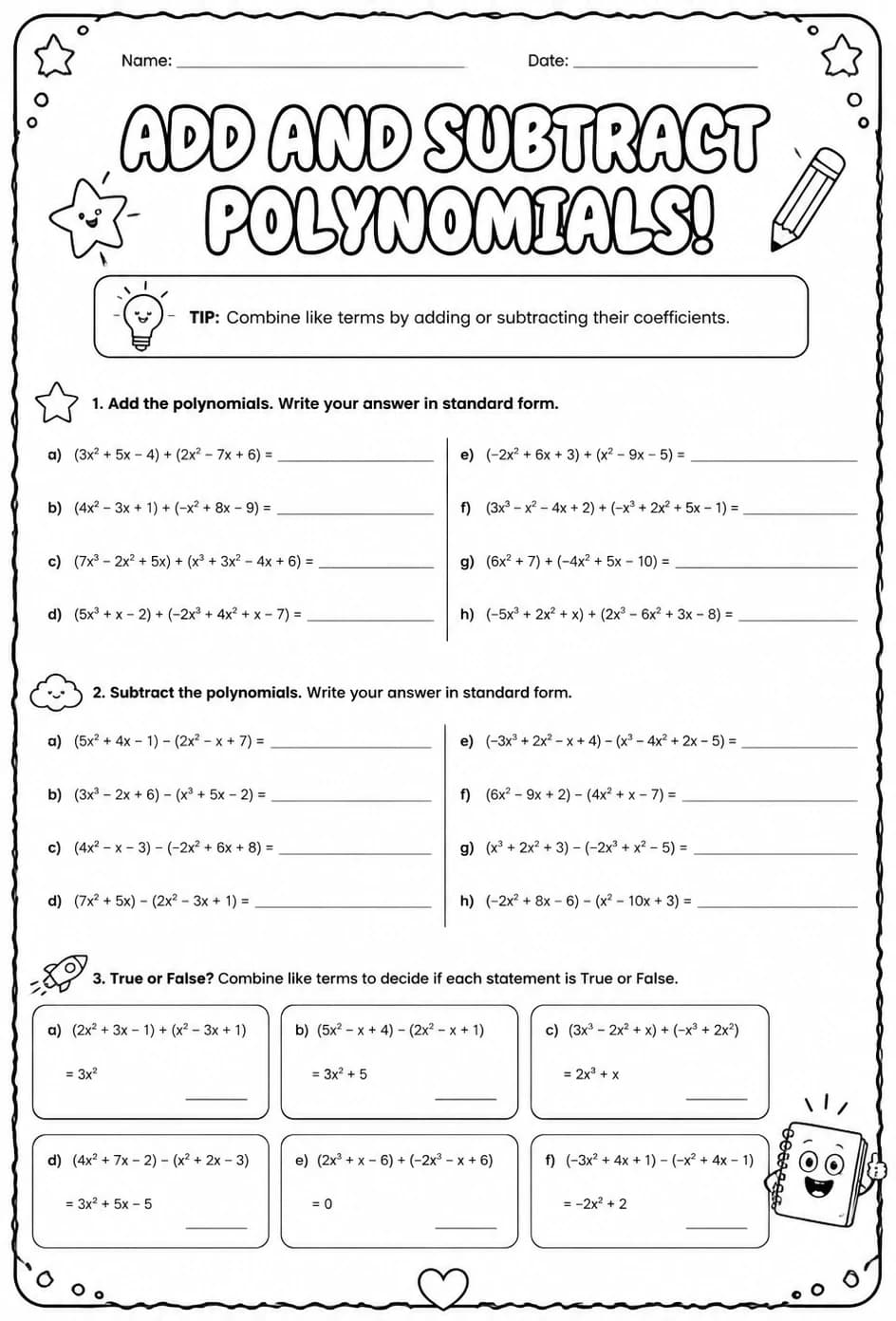 Add and subtract polynomials — free printable Algebra 2 math worksheet