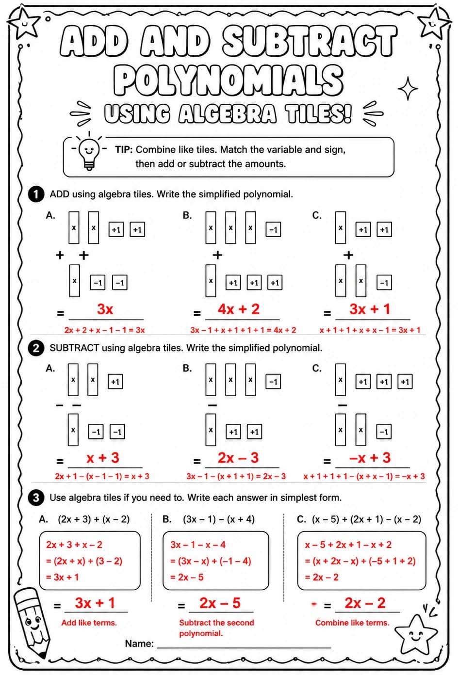 Answer key for Add and subtract polynomials using algebra tiles — free printable Math worksheet
