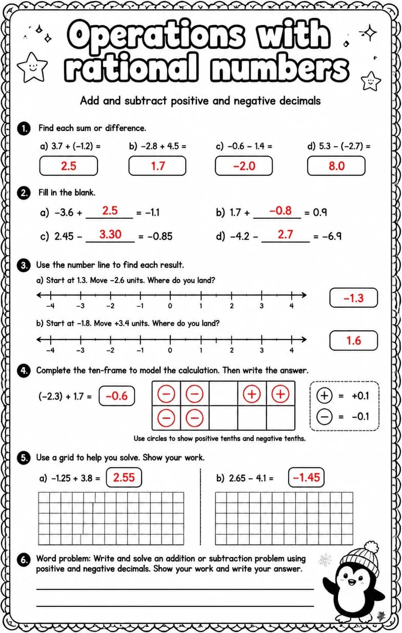 Answer key for Add and subtract positive and negative decimals — free printable Math worksheet