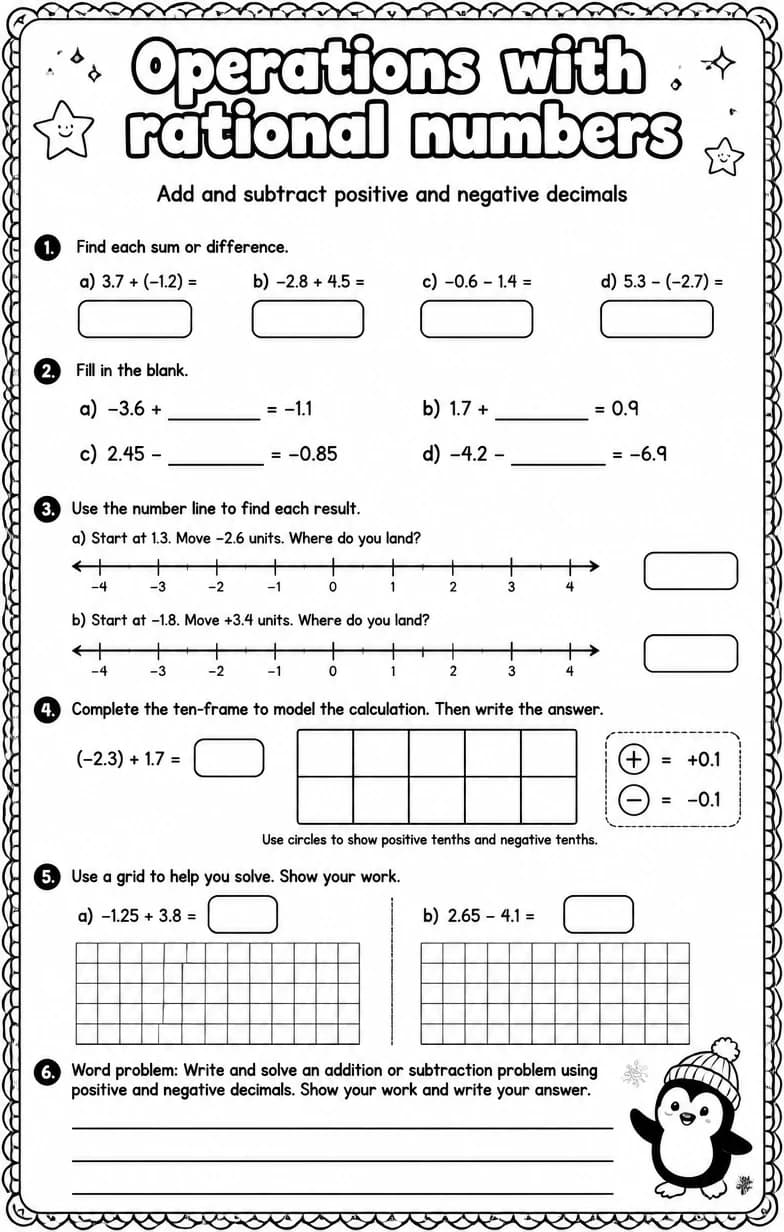 Add and subtract positive and negative decimals — free printable Grade 7 math worksheet
