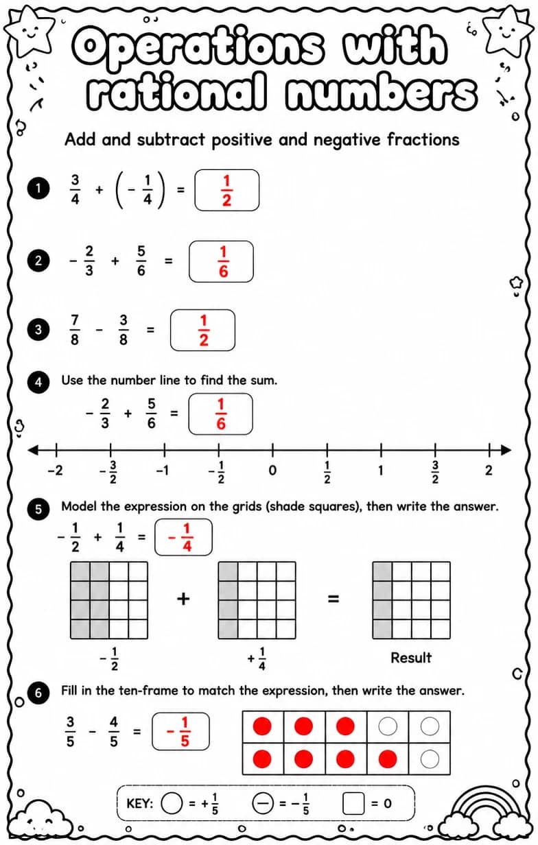 Answer key for Add and subtract positive and negative fractions — free printable Math worksheet