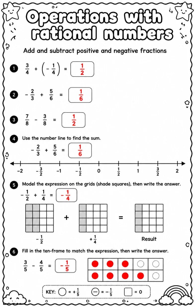 Answer key for Add and subtract positive and negative fractions — free printable Math worksheet