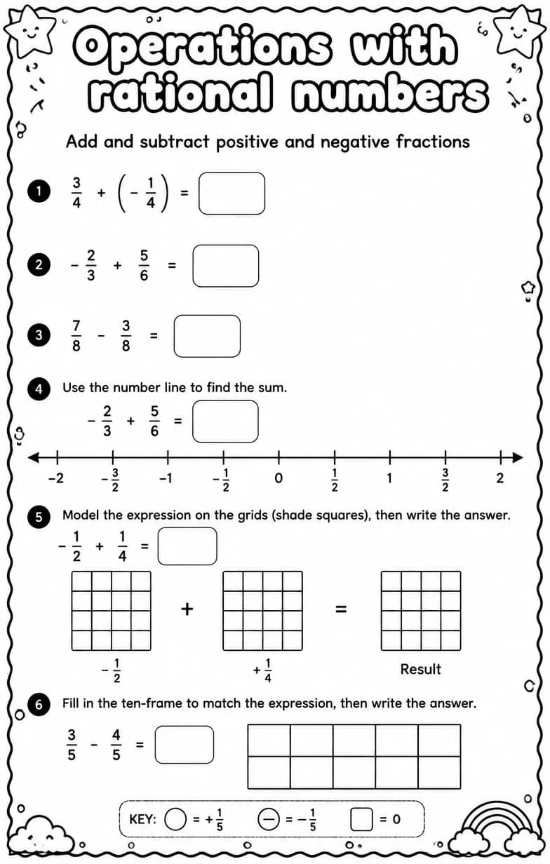 Add and subtract positive and negative fractions — free printable Grade 7 math worksheet