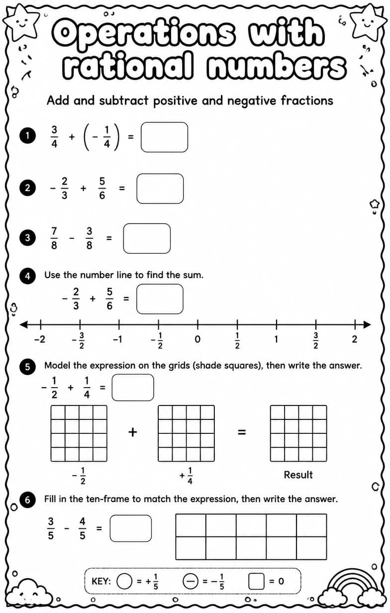 Add and subtract positive and negative fractions — free printable Grade 7 math worksheet