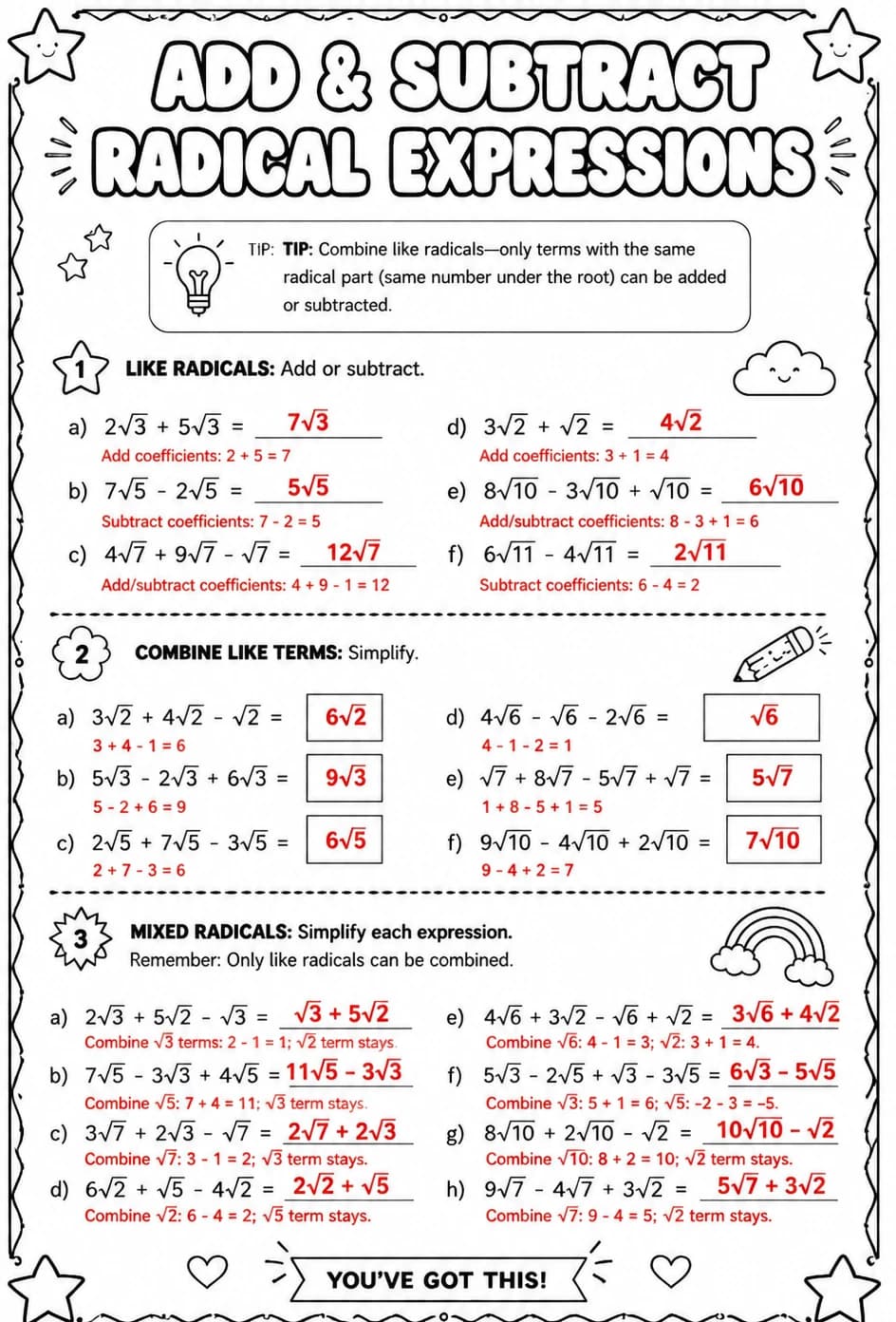 Answer key for Add and subtract radical expressions — free printable Math worksheet