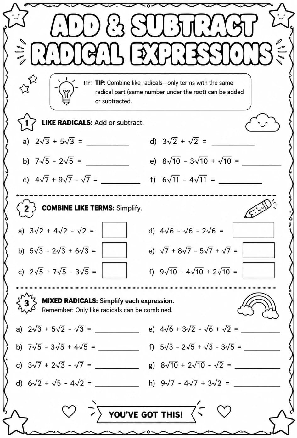 Add and subtract radical expressions — free printable Algebra 1 math worksheet