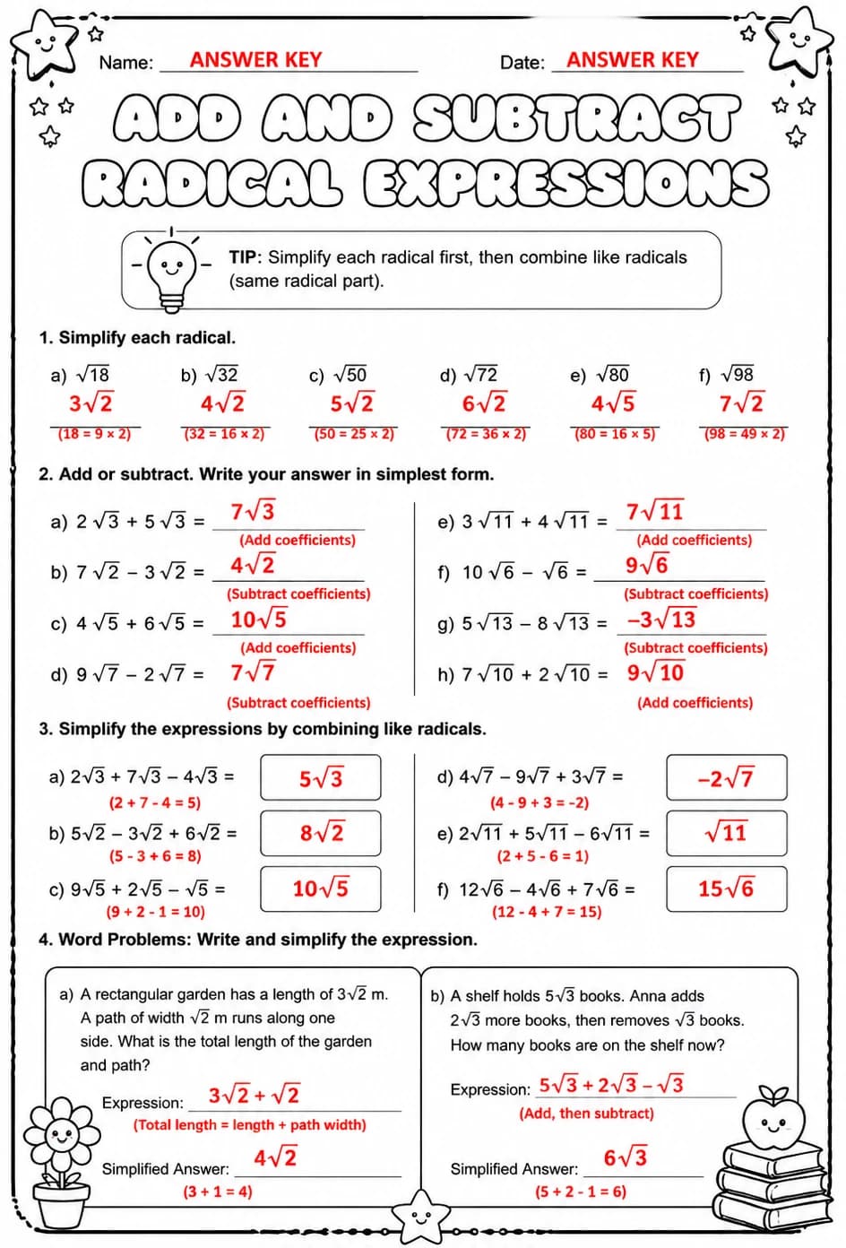 Answer key for Add and subtract radical expressions — free printable Math worksheet