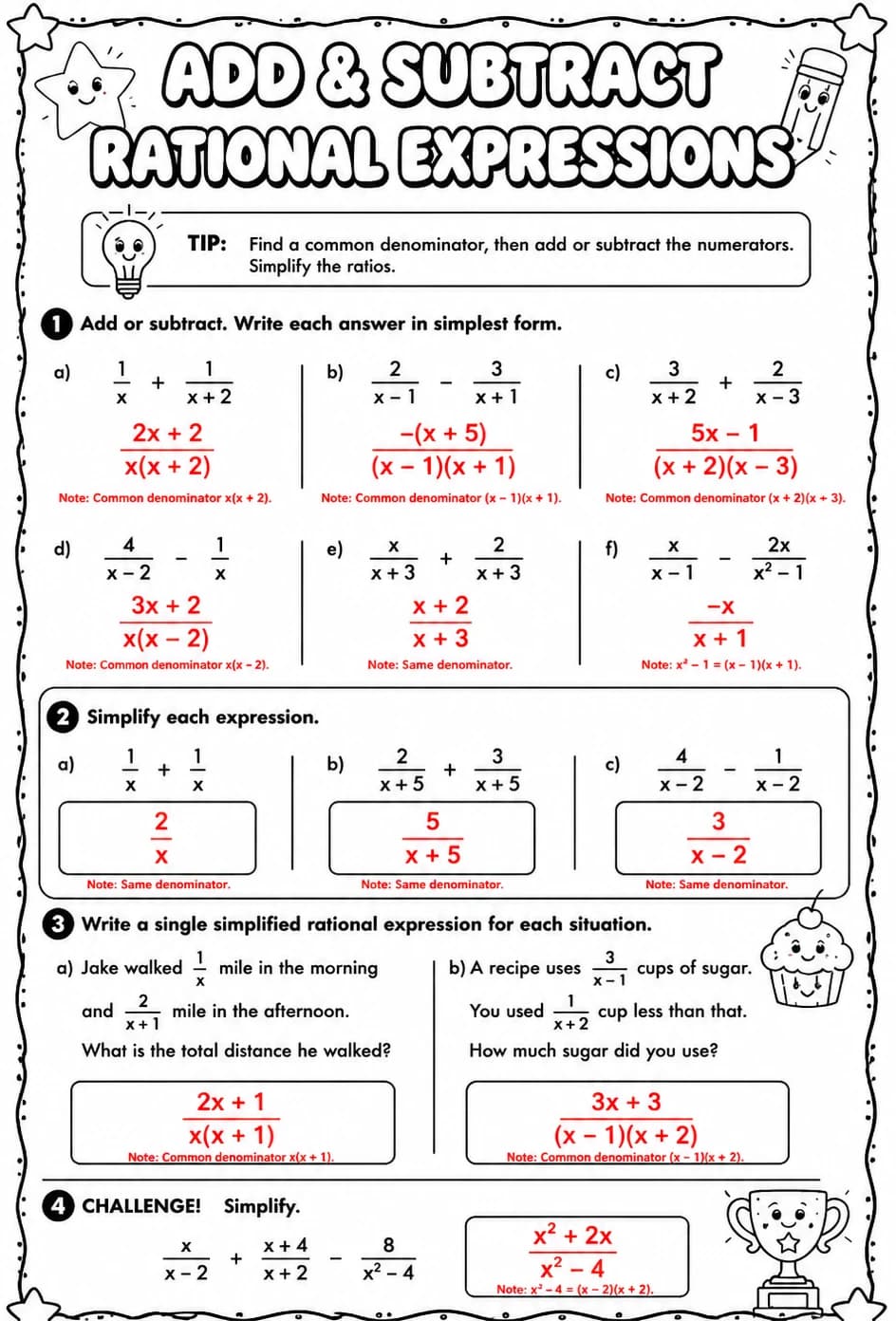 Answer key for Add and subtract rational expressions — free printable Math worksheet