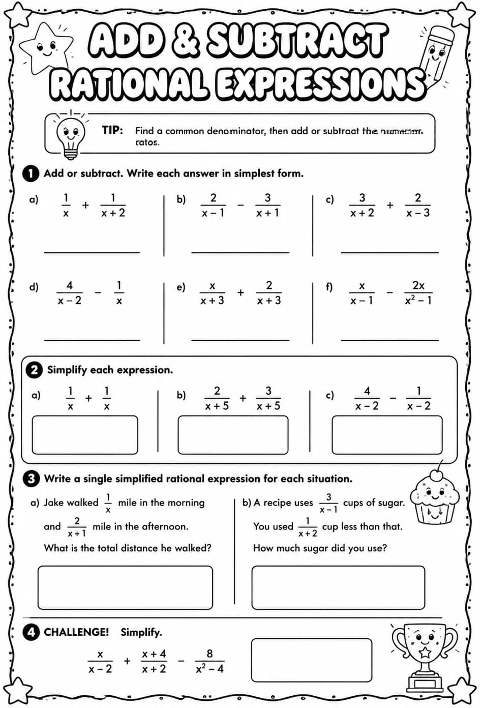 Add and subtract rational expressions — free printable Algebra 1 math worksheet
