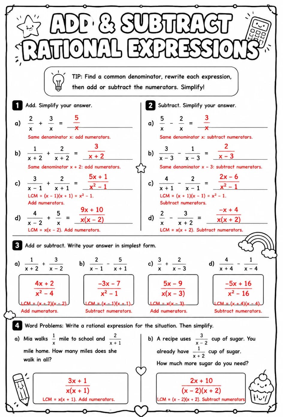 Answer key for Add and subtract rational expressions — free printable Math worksheet