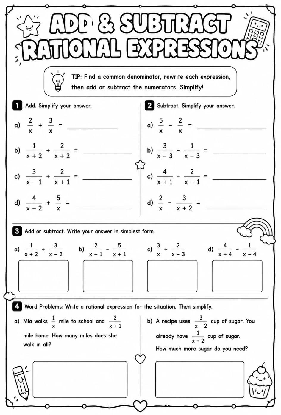 Add and subtract rational expressions — free printable Algebra 2 math worksheet