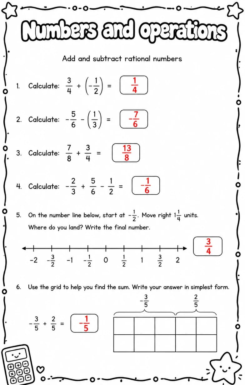Answer key for Add and subtract rational numbers — free printable Math worksheet
