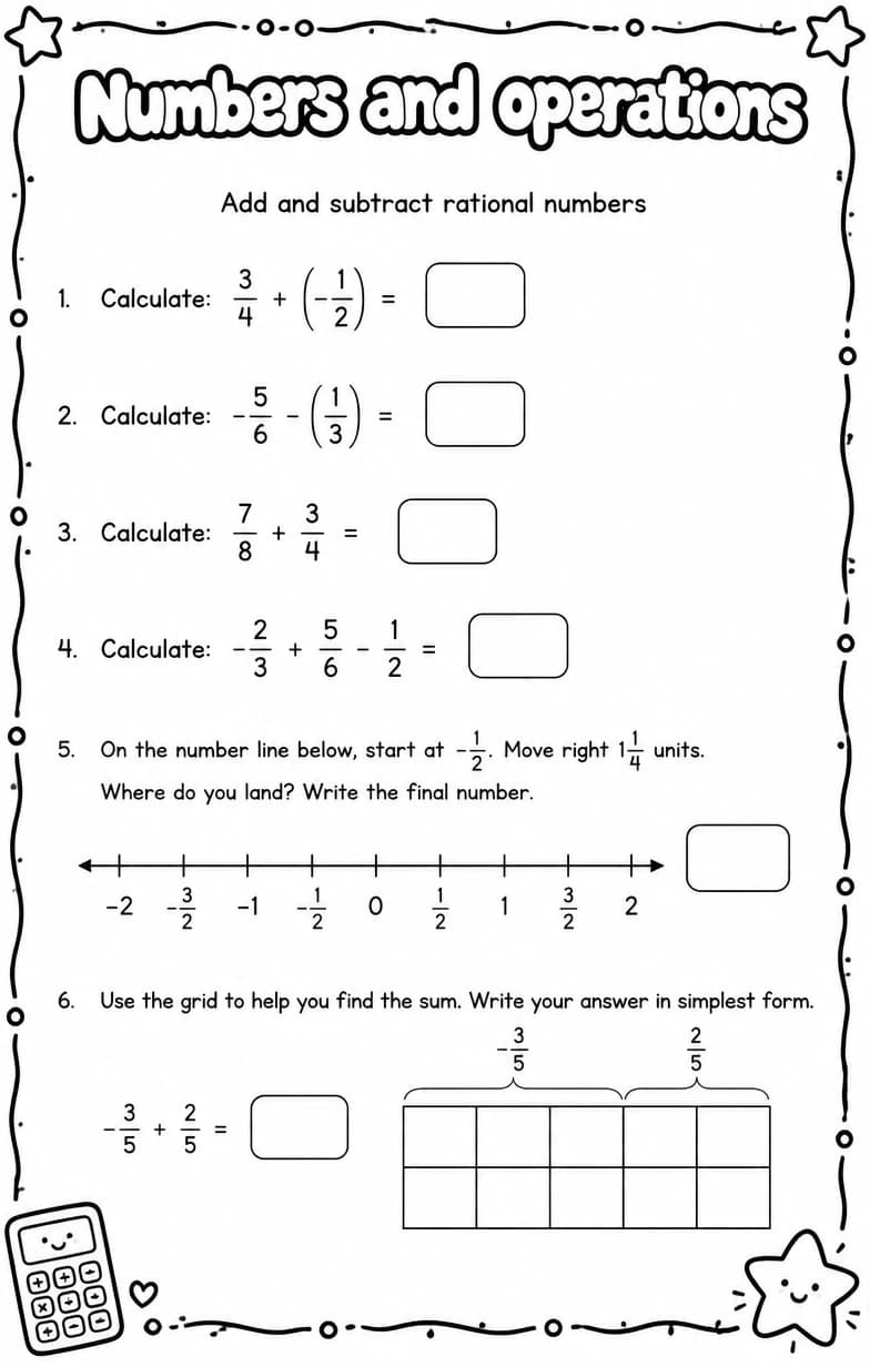 Add and subtract rational numbers — free printable Algebra 1 math worksheet