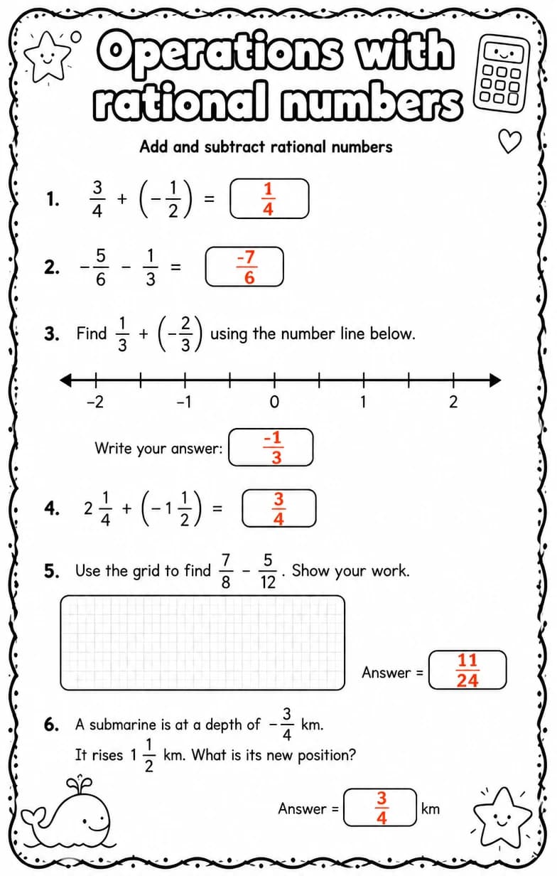 Answer key for Add and subtract rational numbers — free printable Math worksheet