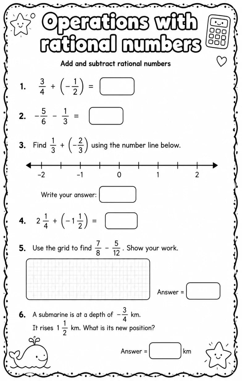 Add and subtract rational numbers — free printable Grade 7 math worksheet