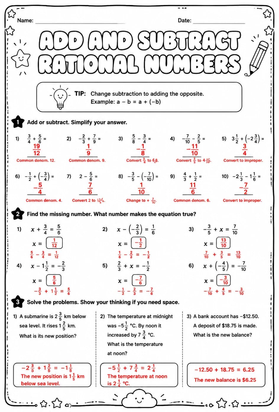 Answer key for Add and subtract rational numbers — free printable Math worksheet