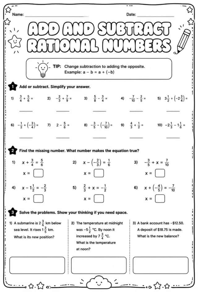 Add and subtract rational numbers