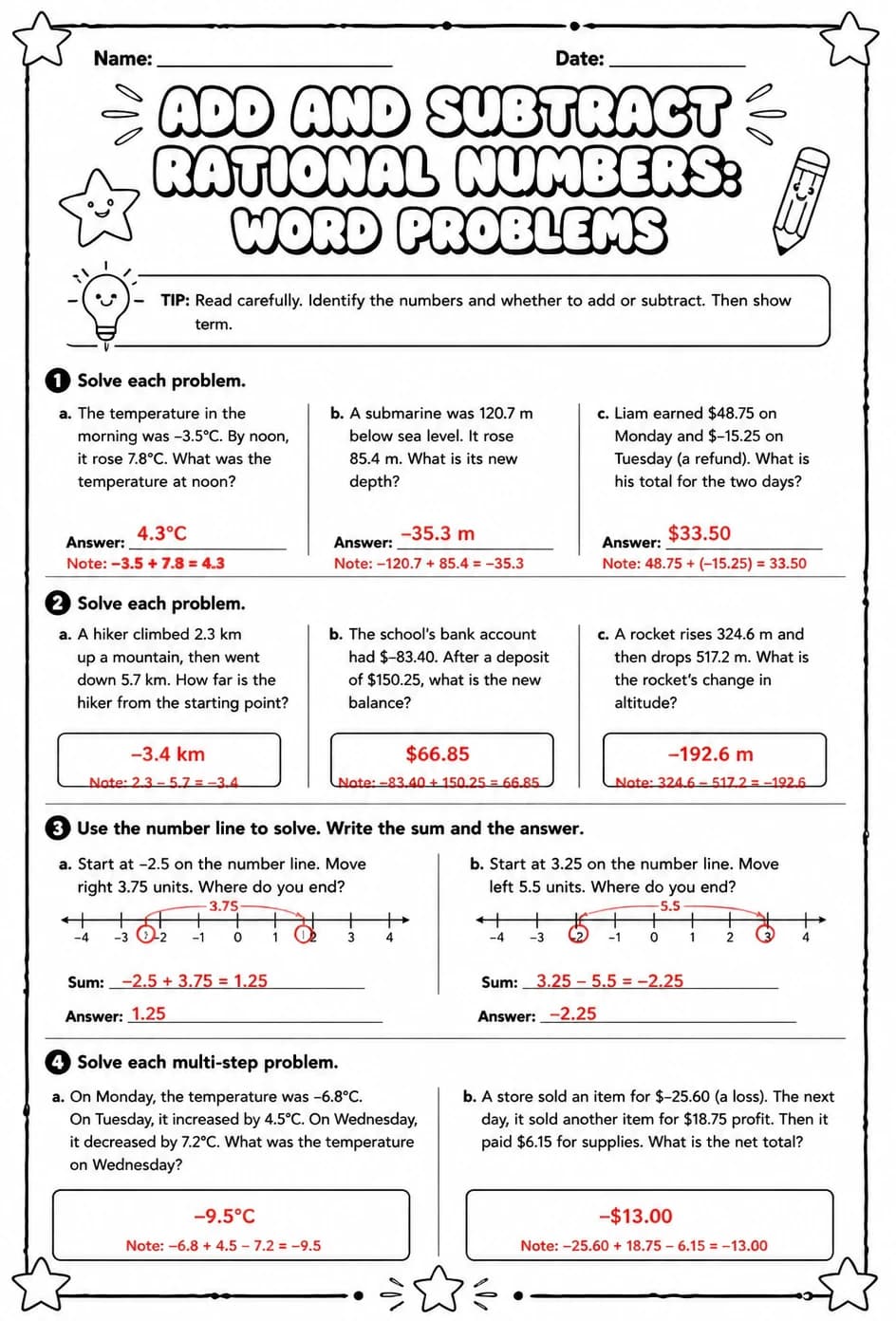 Answer key for Add and subtract rational numbers: word problems — free printable Math worksheet
