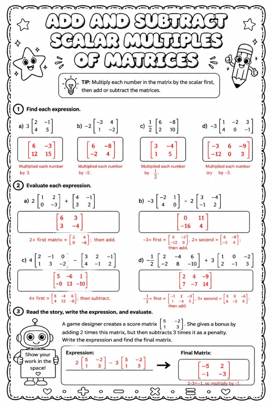 Answer key for Add and subtract scalar multiples of matrices — free printable Math worksheet