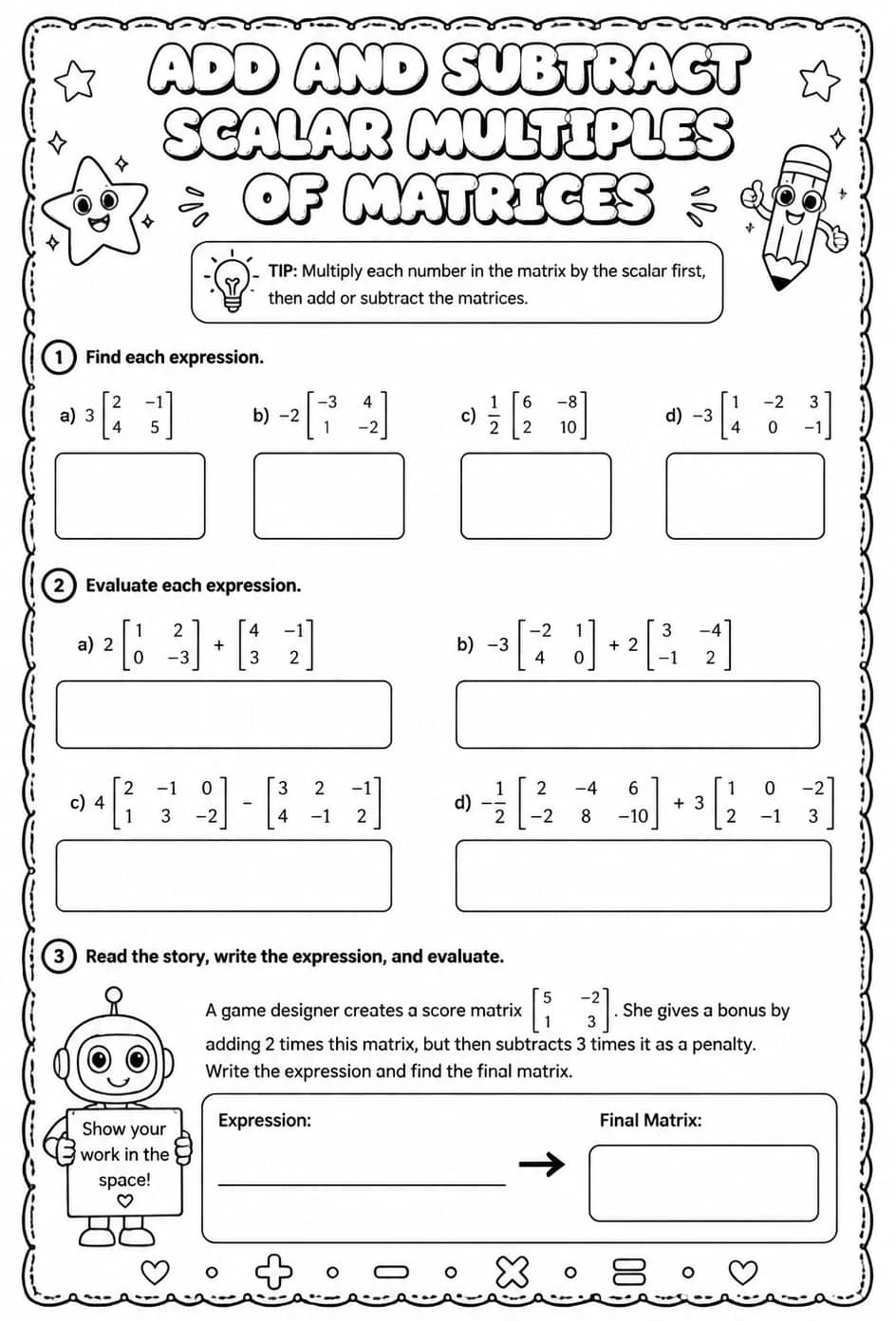 Add and subtract scalar multiples of matrices — free printable Algebra 1 math worksheet