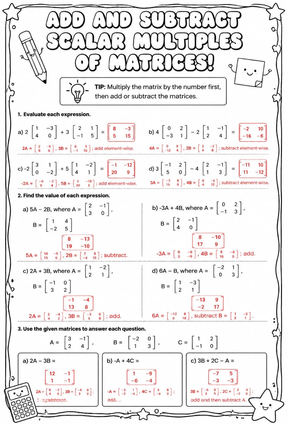 Answer key for Add and subtract scalar multiples of matrices — free printable Math worksheet