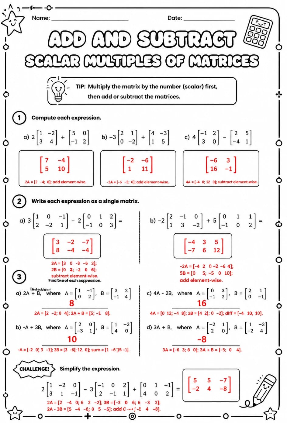 Answer key for Add and subtract scalar multiples of matrices — free printable Math worksheet