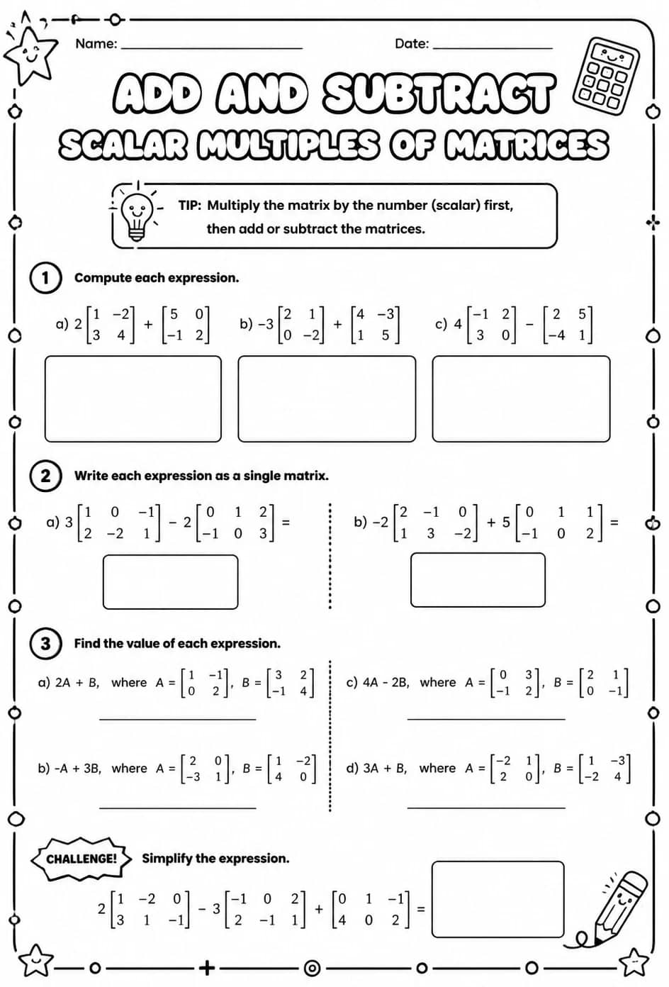 Add and subtract scalar multiples of matrices — free printable Precalculus math worksheet
