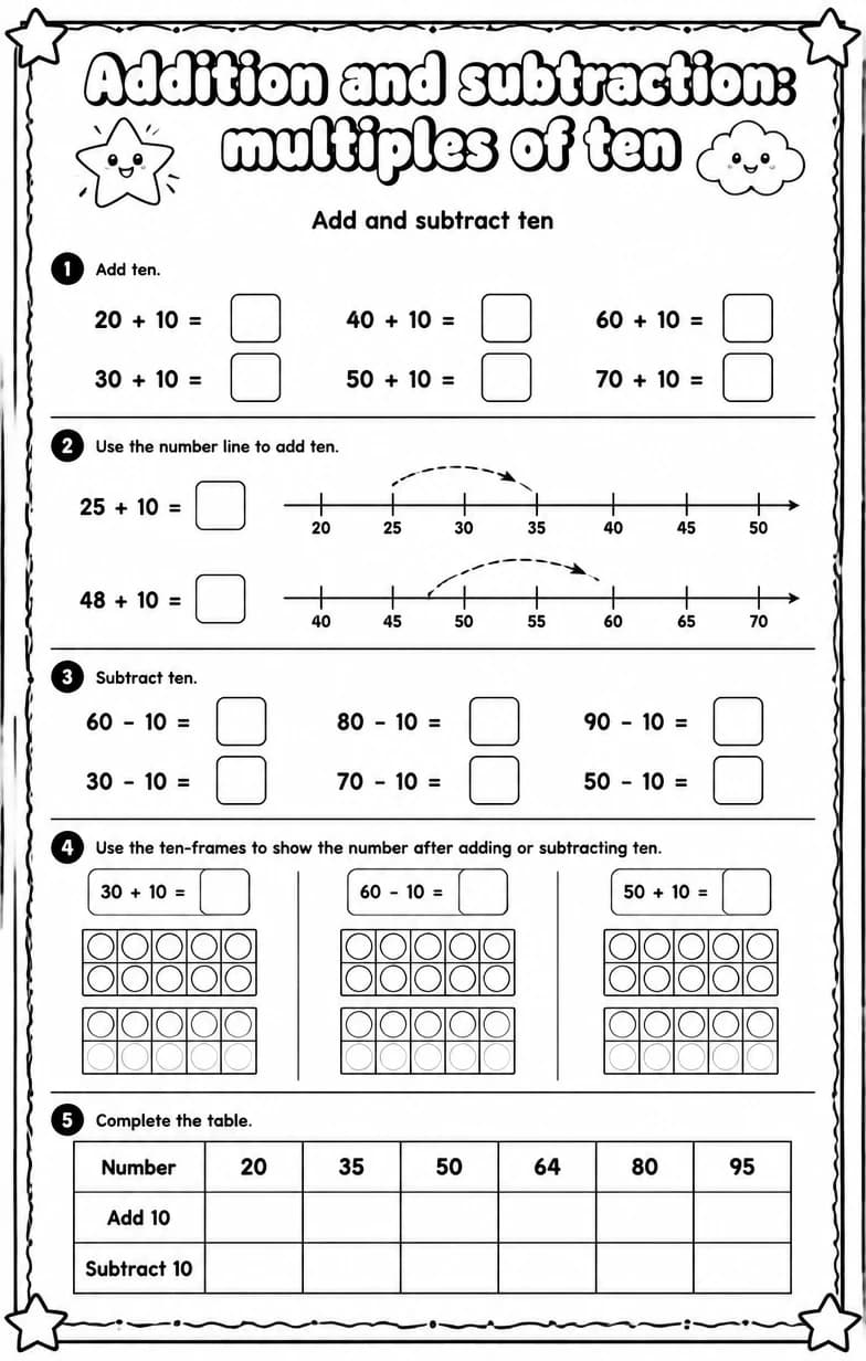 Add and subtract ten — free printable Grade 1 Math worksheet