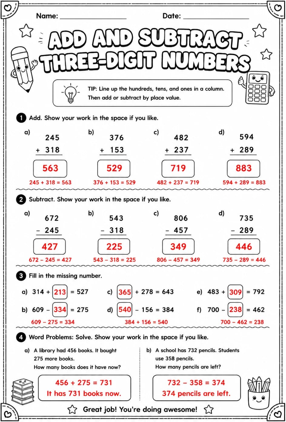 Answer key for Add and subtract three-digit numbers — free printable Math worksheet