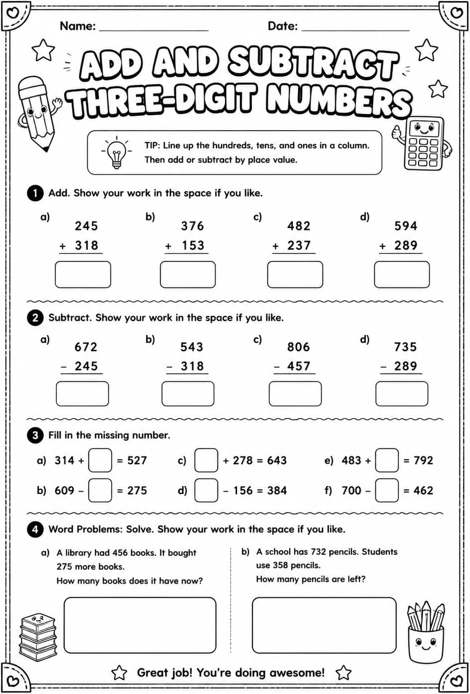 Add and subtract three-digit numbers — free printable Grade 3 math worksheet