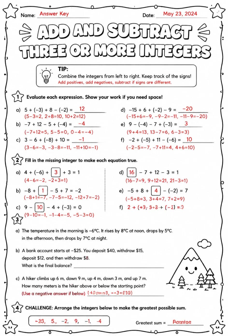 Answer key for Add and subtract three or more integers — free printable Math worksheet