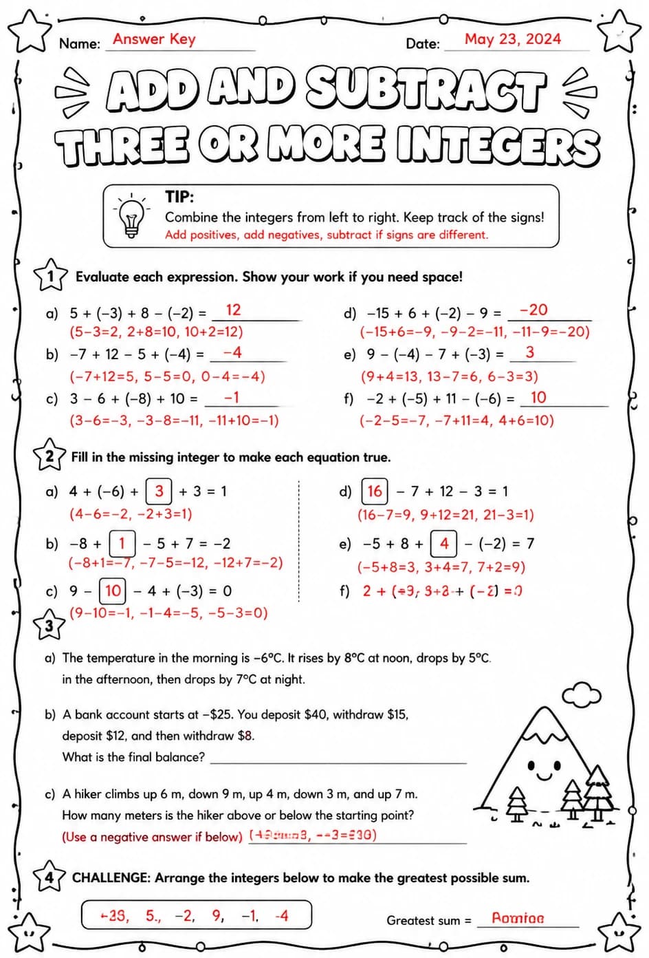 Answer key for Add and subtract three or more integers — free printable Math worksheet