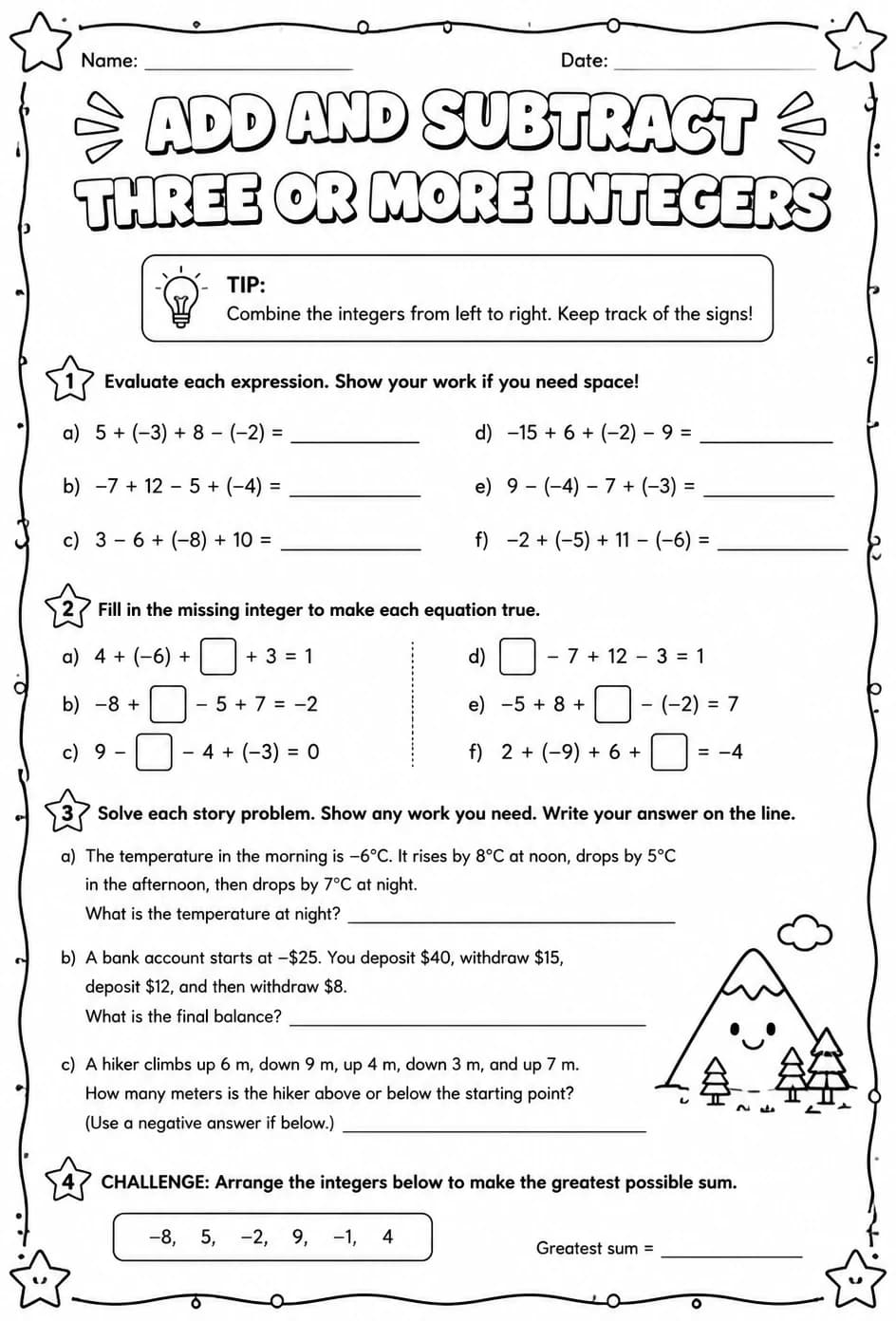 Add and subtract three or more integers — free printable Grade 8 math worksheet