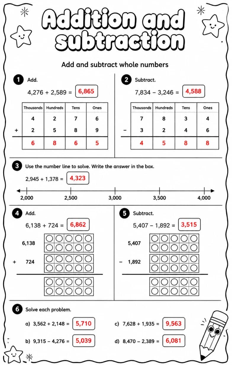 Answer key for Add and subtract whole numbers — free printable Math worksheet