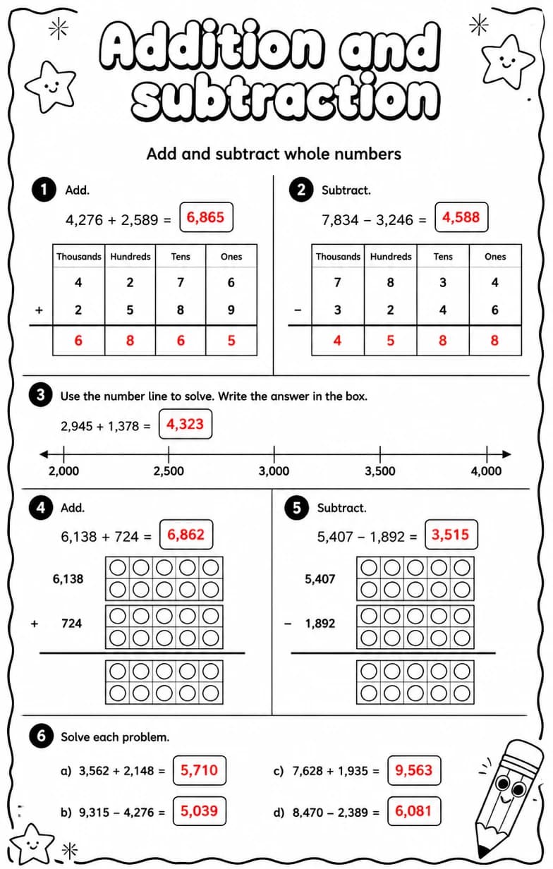 Answer key for Add and subtract whole numbers — free printable Math worksheet