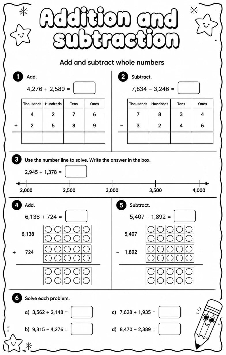 Add and subtract whole numbers — free printable Grade 5 Math worksheet