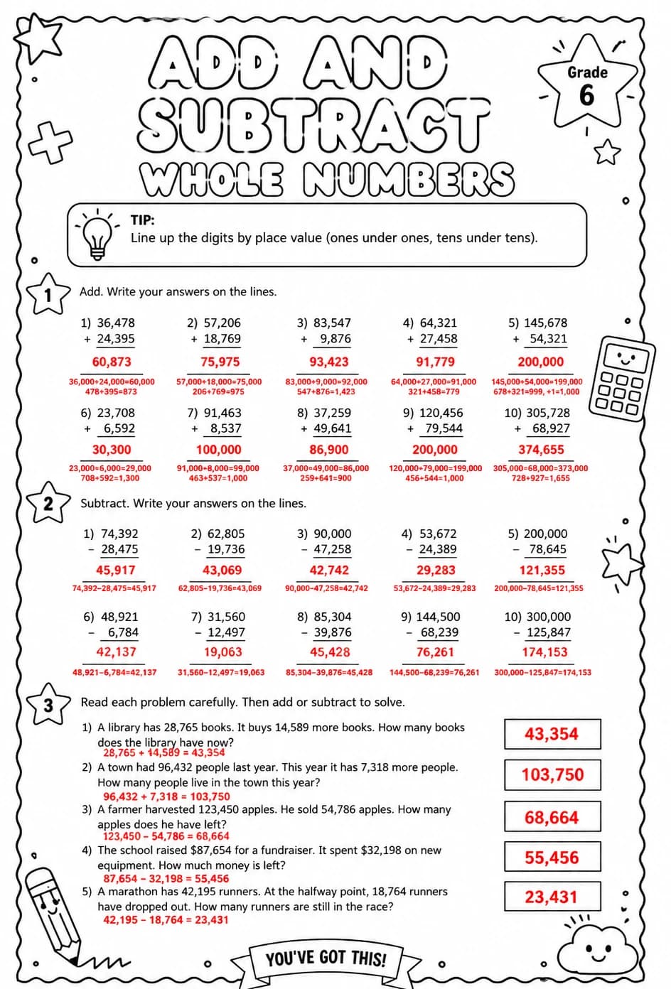 Answer key for Add and subtract whole numbers — free printable Math worksheet