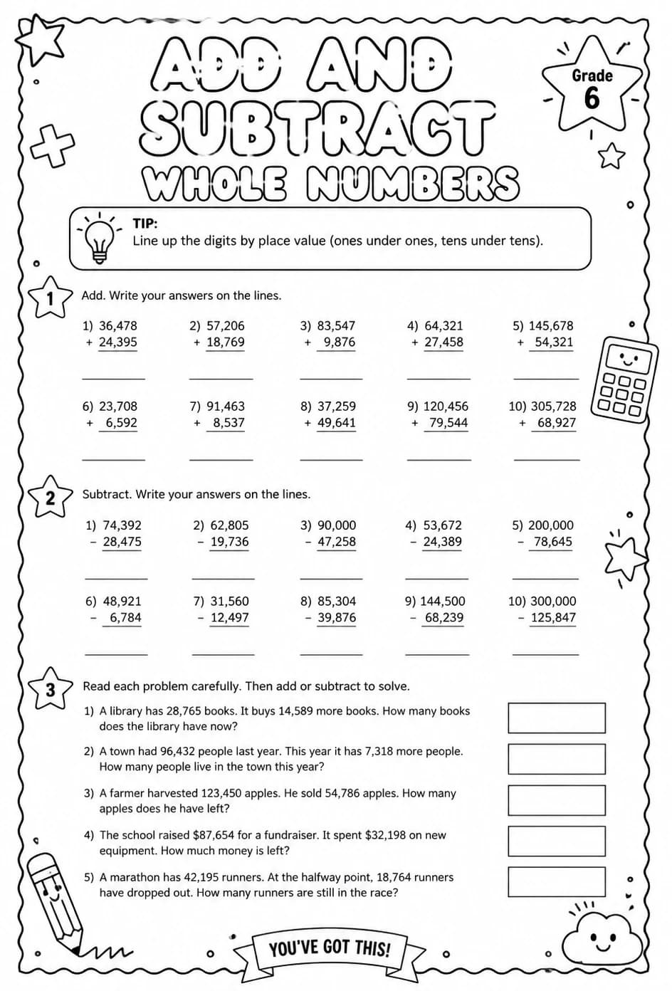 Add and subtract whole numbers — free printable Grade 6 math worksheet