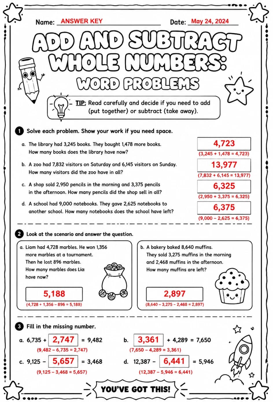 Answer key for Add and subtract whole numbers: word problems — free printable Math worksheet