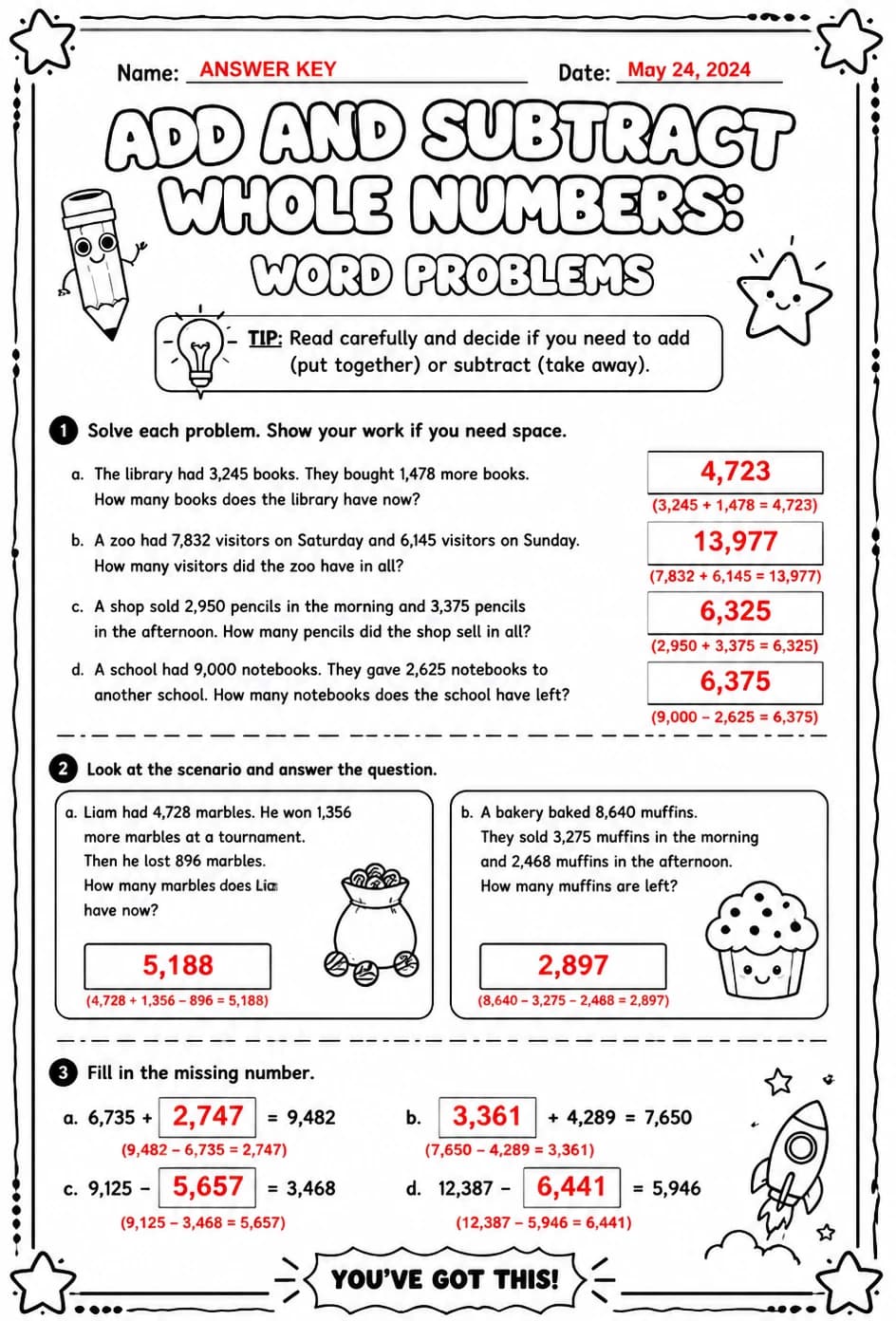 Answer key for Add and subtract whole numbers: word problems — free printable Math worksheet