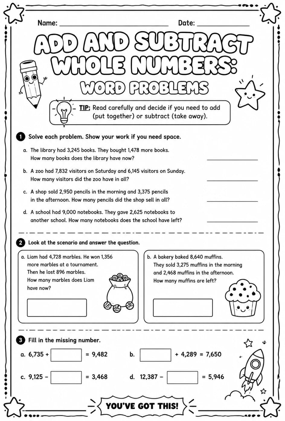 Add and subtract whole numbers: word problems — free printable Grade 5 math worksheet
