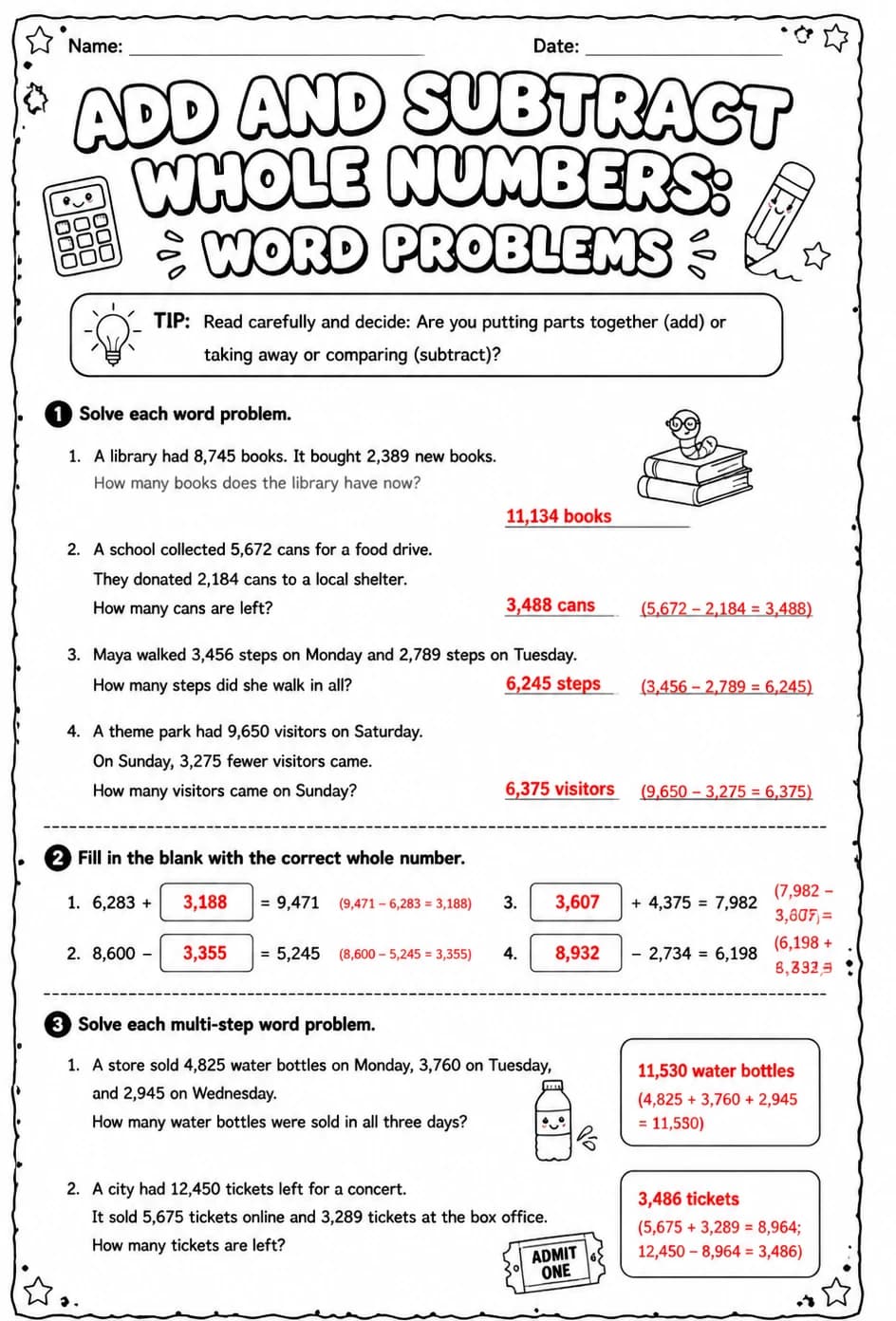 Answer key for Add and subtract whole numbers: word problems — free printable Math worksheet