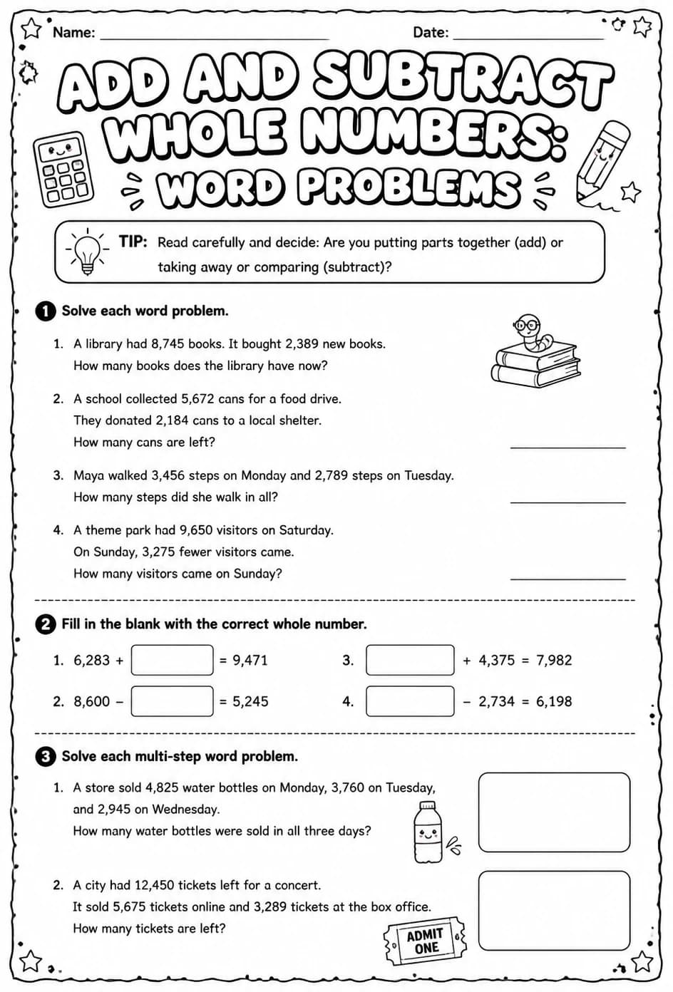 Add and subtract whole numbers: word problems — free printable Grade 6 math worksheet