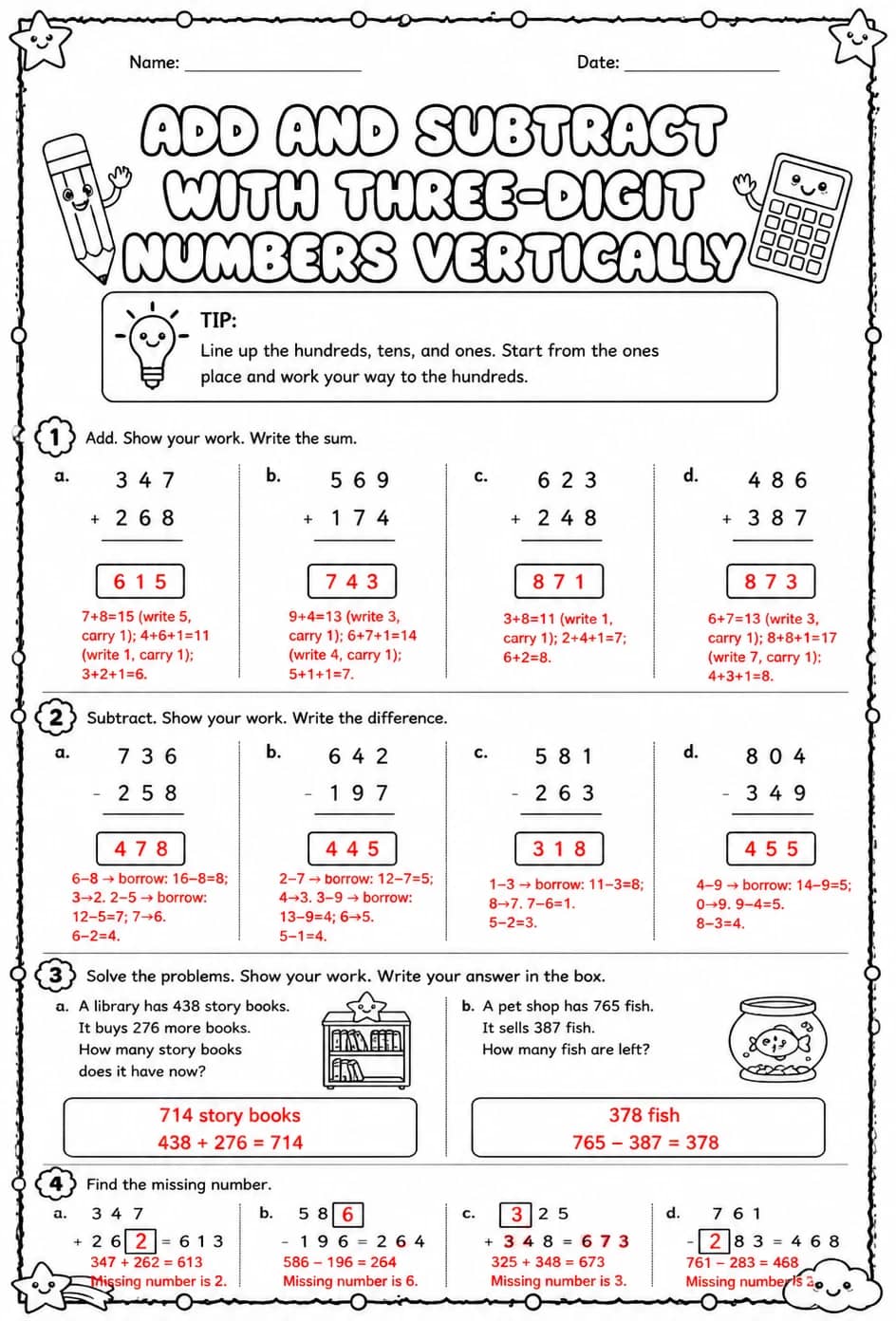Answer key for Add and subtract with three-digit numbers vertically — free printable Math worksheet