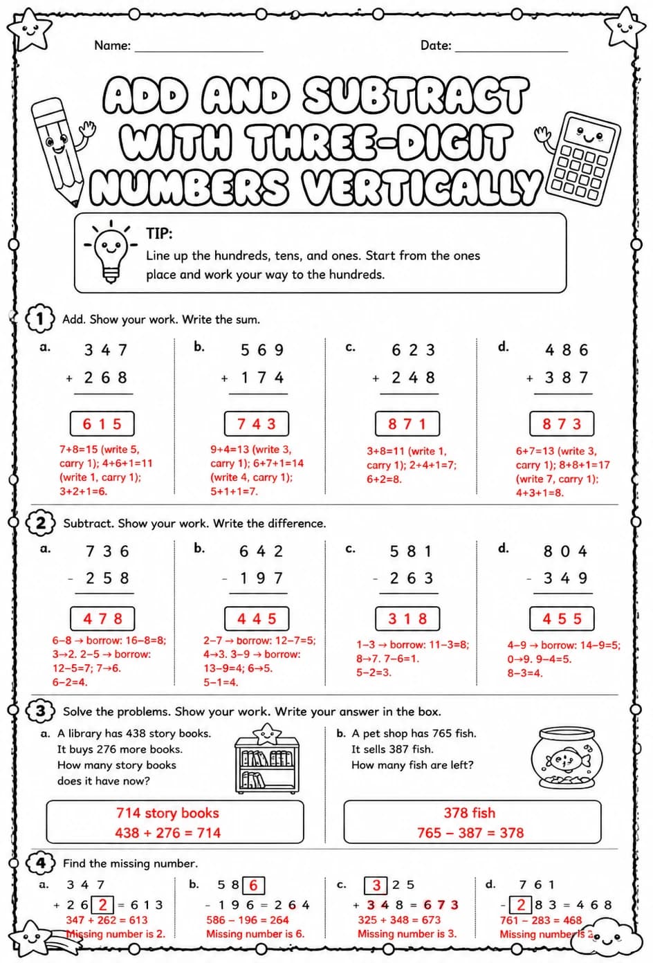 Answer key for Add and subtract with three-digit numbers vertically — free printable Math worksheet