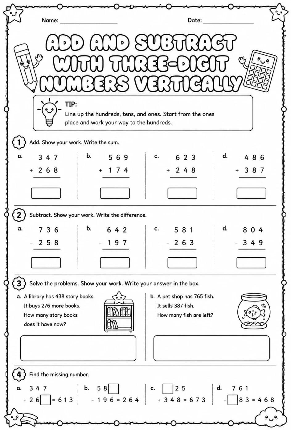 Add and subtract with three-digit numbers vertically — free printable Grade 2 math worksheet