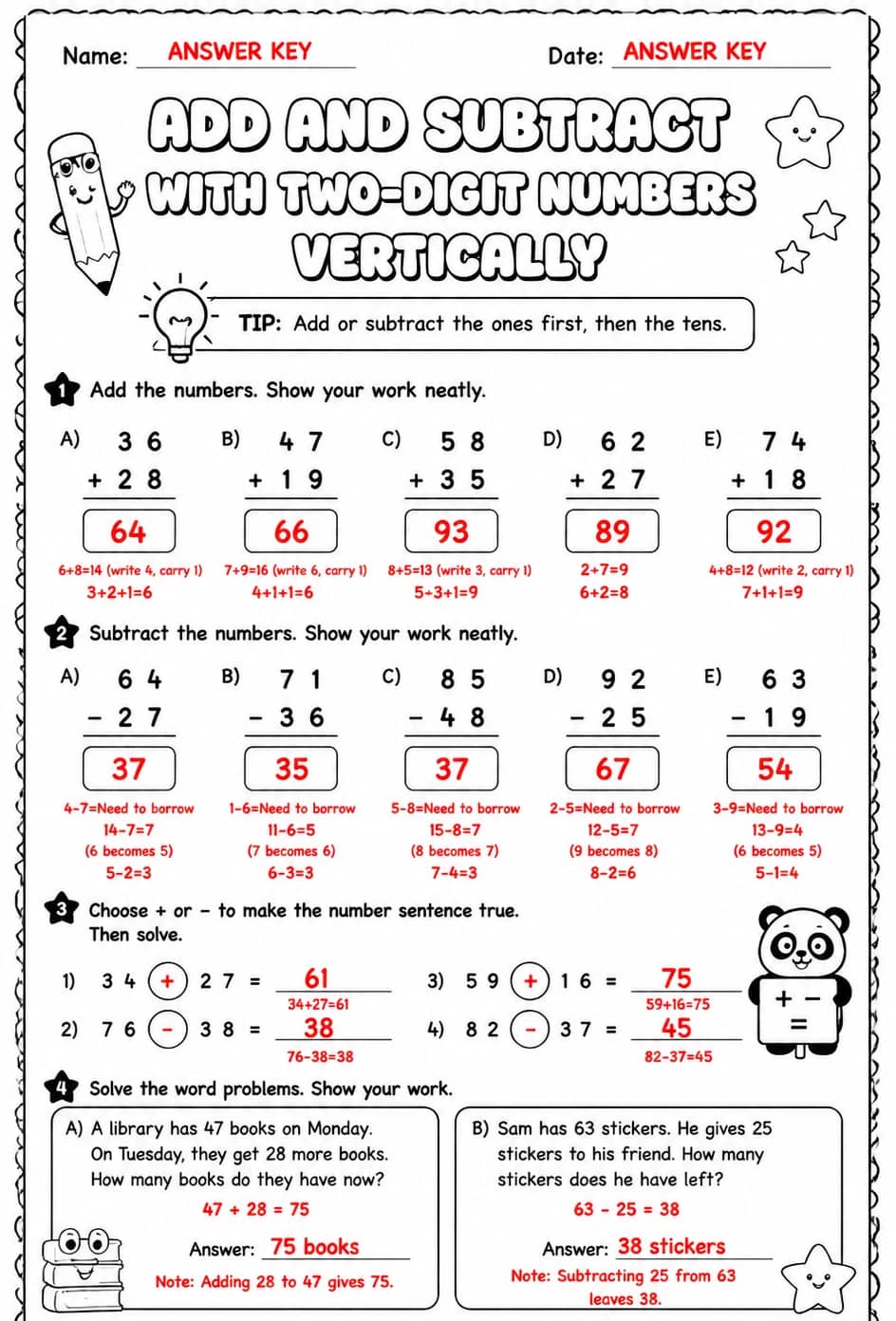 Answer key for Add and subtract with two-digit numbers vertically — free printable Math worksheet